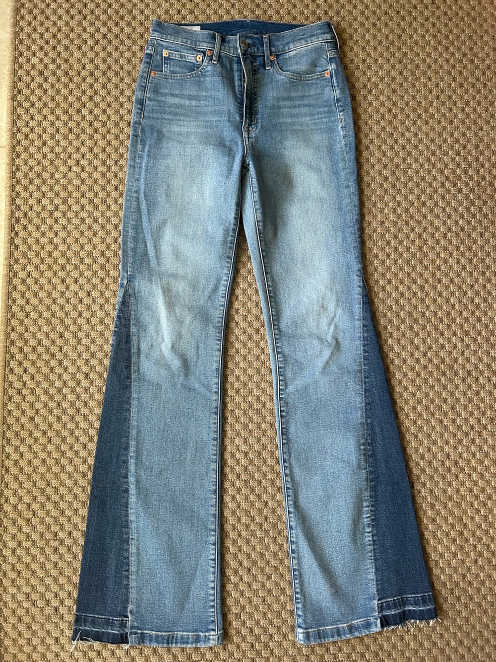 Gap ‘70s Flare High Rise Two-Tone Patchwork Colorblock Blue Denim Jeans Tall
